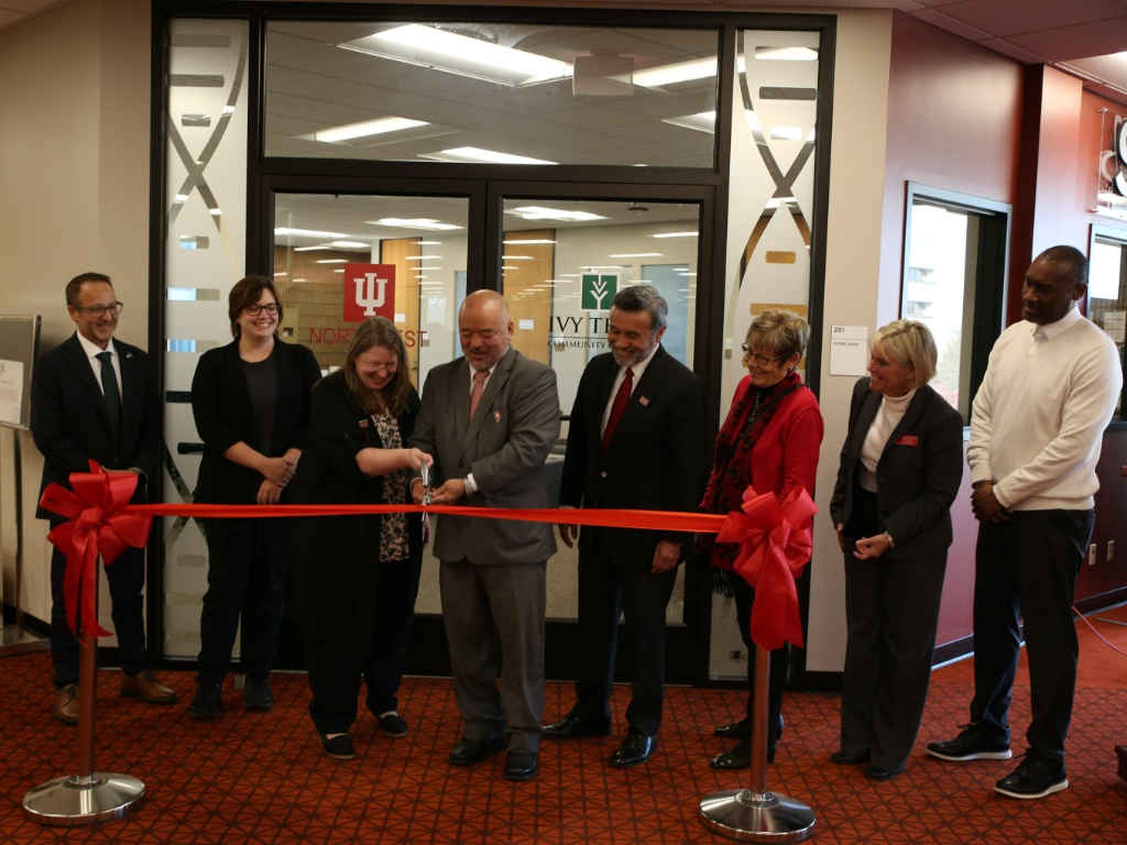 (From left-to-right): Ivy Tech Lake County Chancellor, Marcos Roriquez; IUN STEM Center Coordinator, Savannah Bennett, IUN Associate Dean...