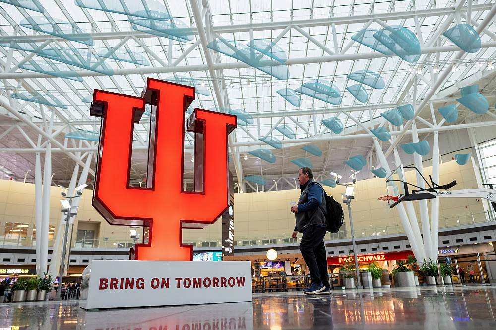 The IU Trident on display at the Indianapolis Airport was designed by Herron School of Art & Design alumnus Lola Hamilton. Photo by L...