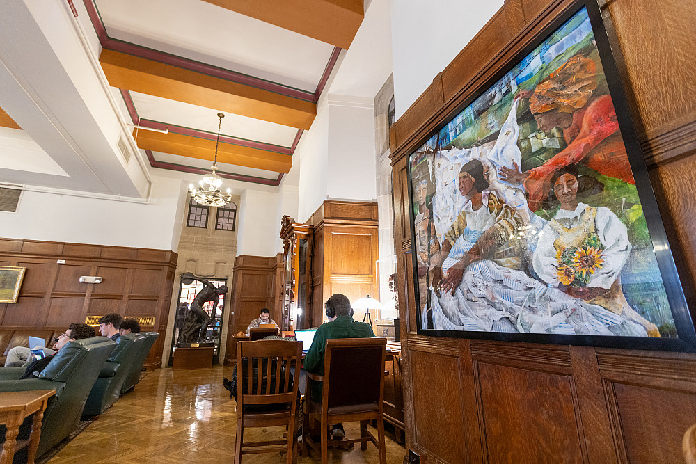 The painting Glorious Day that was purchased as part of an initiative to broaden the Indiana Memorial Union's art collection was ins...