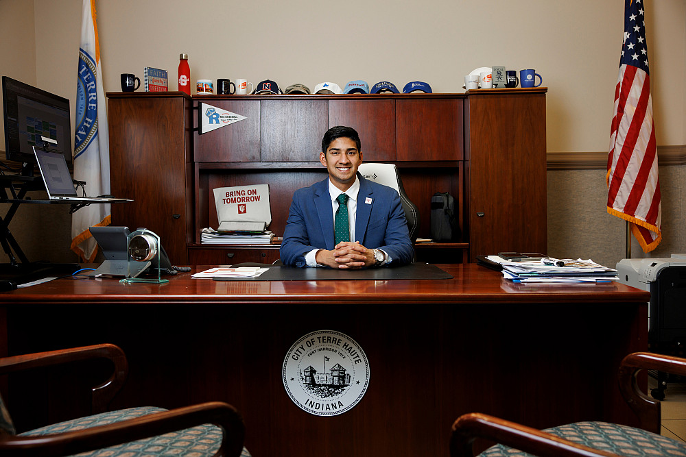 Terre Haute Mayor Brandon Sakbun poses for a portrait at City Hall in Terre Haute, Indiana on Thursday, Jan. 25, 2024.