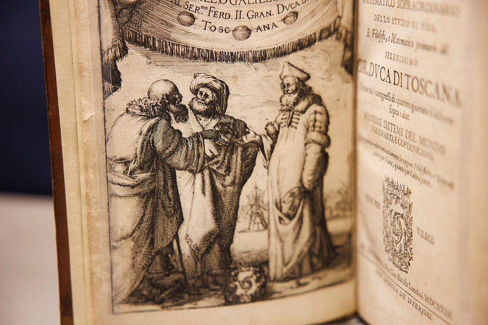 The frontispiece of Dialogue Concerning the Two Chief World Systems by Galileo Galilei is one of many rare books displayed in the exhibit...