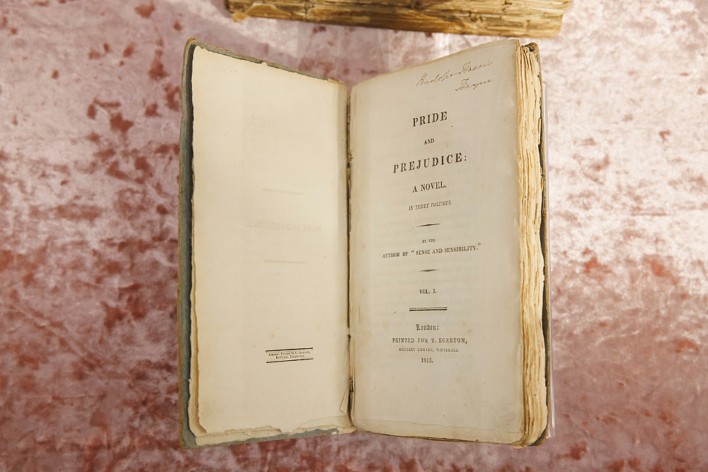 A first-edition copy of Pride and Prejudice by Jane Austen is pictured on display as part of the Love in the Library: The Romance Novel i...