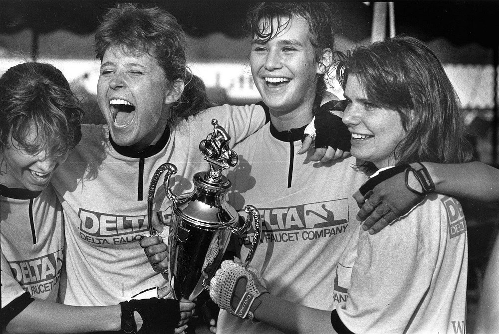 File photo of Indiana UniversityÕs Little 500 Winners of the first Women's Little 500 bicycle race at IU celebrate their victory (from l...