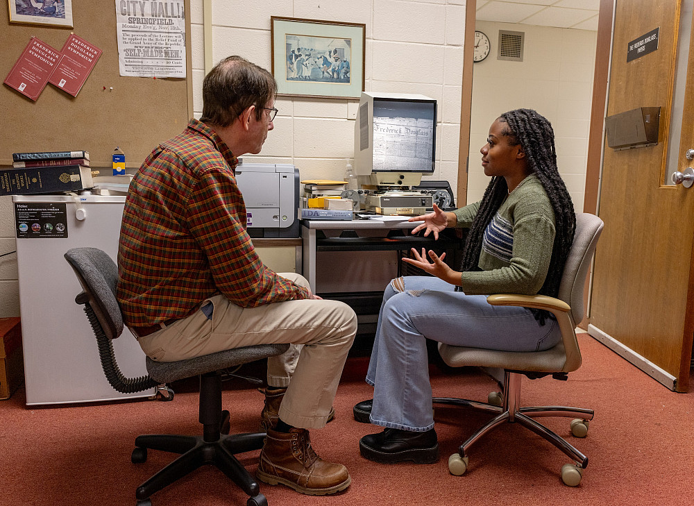 Camryn Bembry and Jack McKivigan collaborate at IUPUI on Monday, Feb. 12, 2024. (Photo by Chris Meyer/Indiana University)