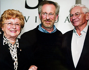 Rena, left, and Lewis Fagen, Holocaust survivors, shown with Steven Spielberg, center, Producer: Schindler's List, in a photo taken in Lo...