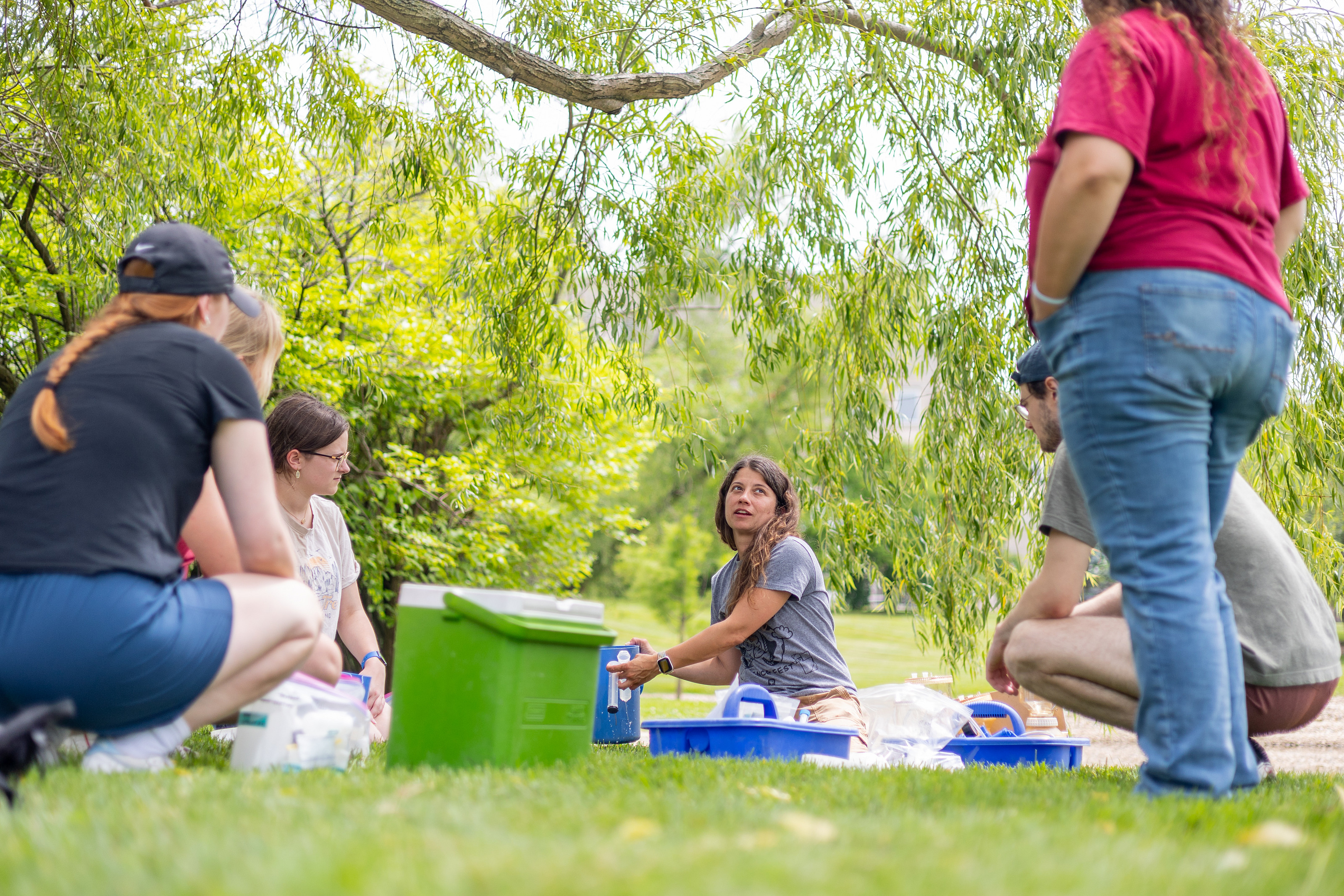 Limnology Lab Director Sarah Powers, center, instructs summer interns during training on the IU Bloomington campus in June 2024. Photo by...