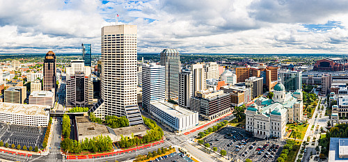 Drone view of the Indianapolis downtown area and the Statehouse.
