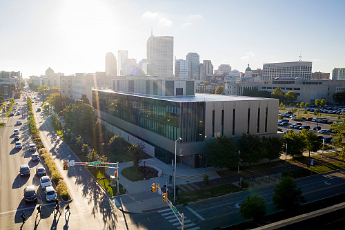 Innovation Hall is pictured from the air at IUPUI on Wednesday, Sept. 28, 2022. (Photo by James Brosher/Indiana University)
