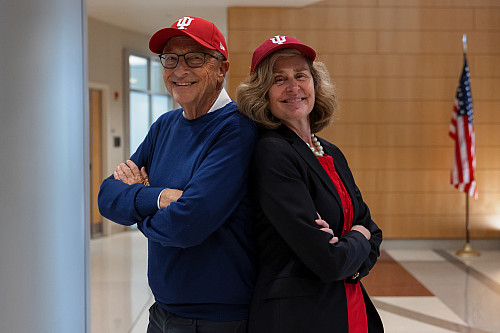 Bill Gates and IU President Pamela Whitten during Gates' visit to IU School of Medicine. Photo by Liz Kaye, Indiana University