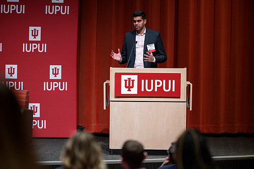 IUPUI informatics graduate student Kshaunish Kapoor presents the results of survey research on Generation Z's perceptions of Indianapolis...