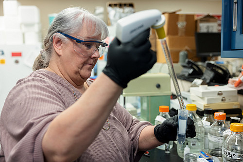 A women holds a automatic pipette tool in the lab