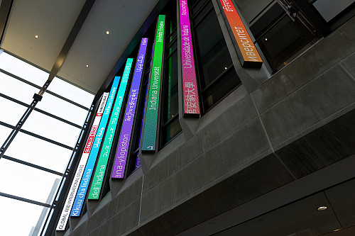 Banners say Indiana University in different foreign languages