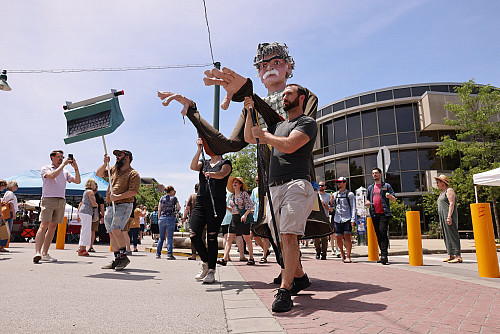 A giant puppet of Kurt Vonnegut Jr. for the Kurt Vonnegut's Nature Tour of the Century event is seen during the 2022 Granfalloon fes...