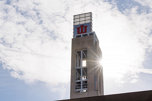 The sun is behind the Campus Center bell tower at IUPUI. The photo was taken on Thursday, April 18, 2024. (Photo by Liz Kaye/Indiana Univ...