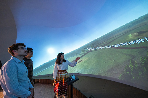 Virtual reality equipment, projecting footage of Angel Mounds, is tested at the IU Museum of Archaeology and Anthropology at IU Bloomingt...