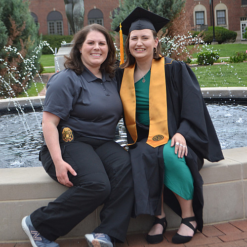 IUPD Sergeant Amanda Botts and Officer Madelyn Smigla pose for a photo. Smigla graduated from IUPUI in May 2023 as IU's first intern...