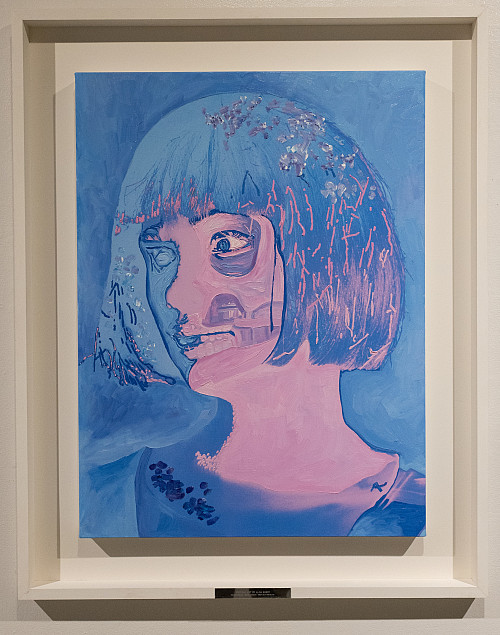 A self-portrait painted by the humanoid robot, Ai-Da, is on display as part of the Blurring the Lines exhibition at IU's Grunwald Ga...