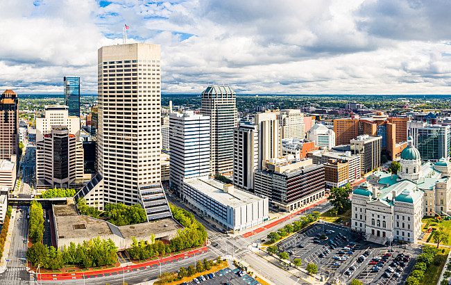 Drone view of the Indianapolis downtown area and the Statehouse.