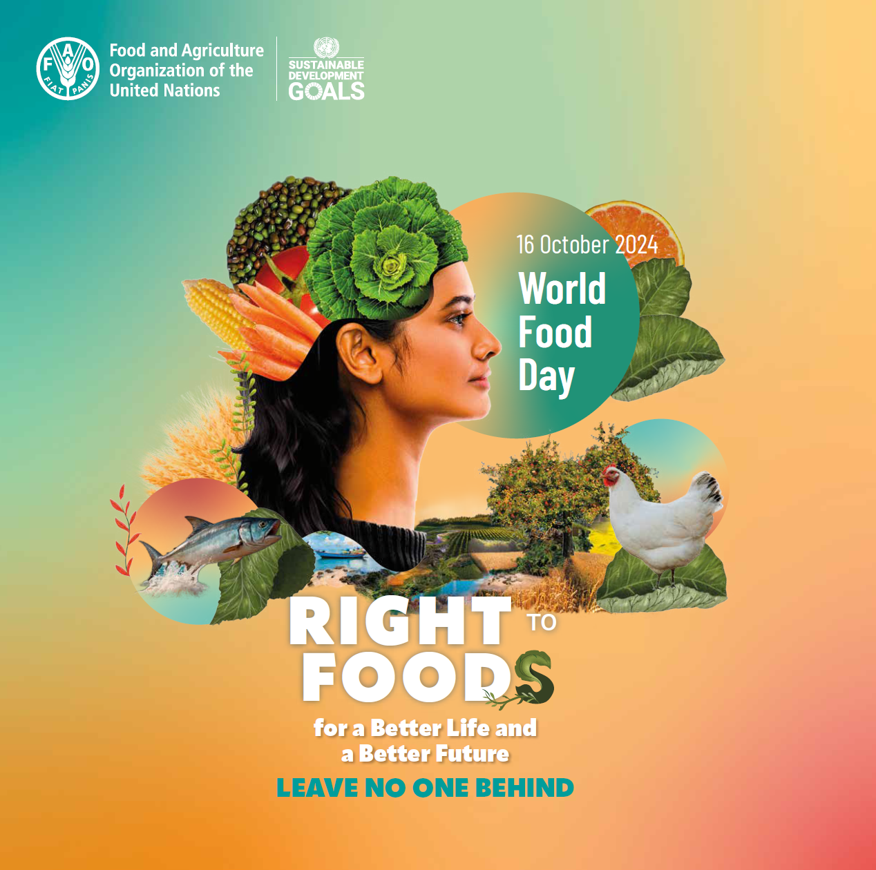 A graphic with a woman promoting World Food Day.