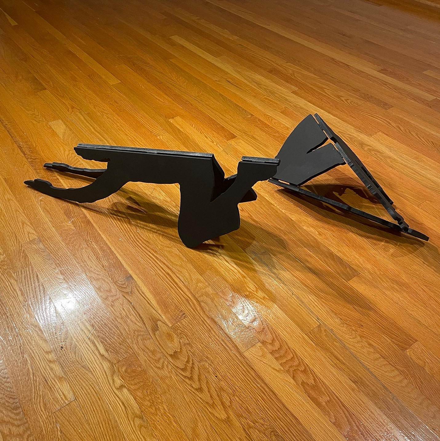 A piece of black artwork on the ground.