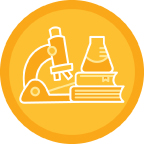 A graphic with a microscope, books and a beaker.
