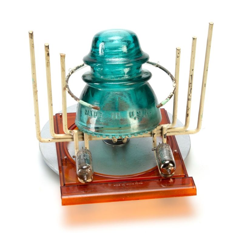 Michele Stutts, Communivacation, 2022 mixed media assemblage, 7x8x8 inches.