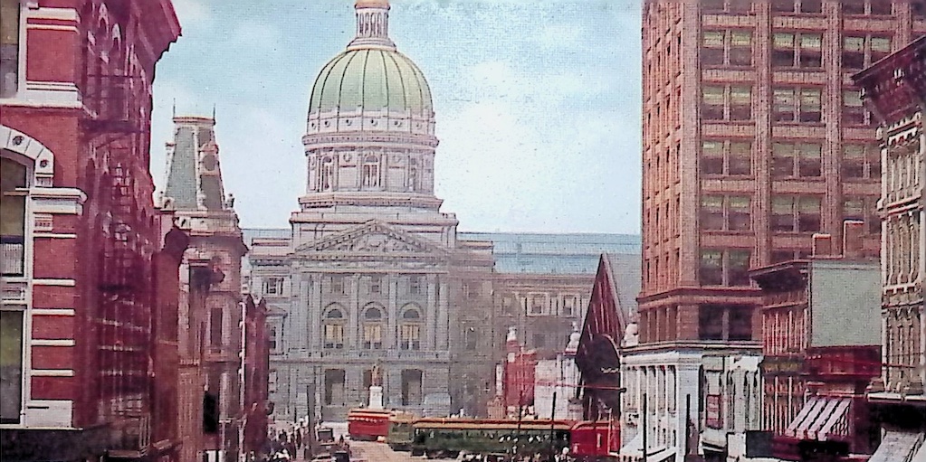 Indianapolis circa late 1800's, downtown Market Street, facing west toward the capitol building.