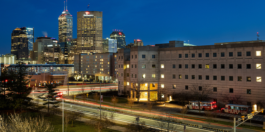 The ICTC builidng photographed at sunset at IU Indianapolis