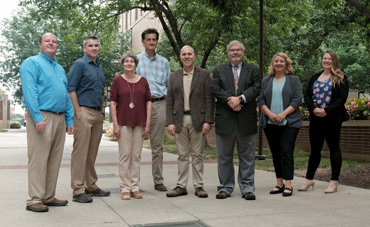 From left Brian Dixon, Joshua Vest, Kara Wools-Kaloustian, Constantin Yiannoutsos, Nir Menachemi, Paul Halverson, Shandy Dearth, Andrea J...