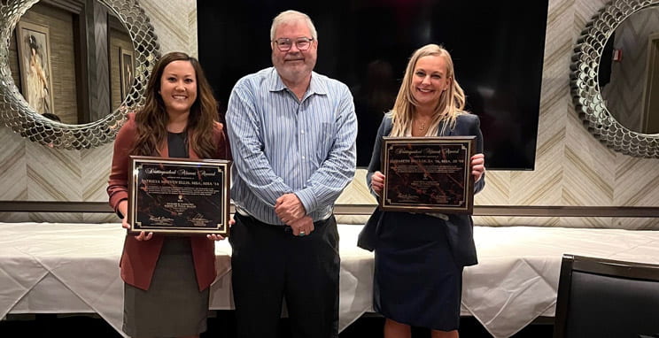 Alumni award recipients Patricia Trish Nguyen Ellis (left) and Elizabeth Walker (right) with FSPH Dean, Paul Halverson