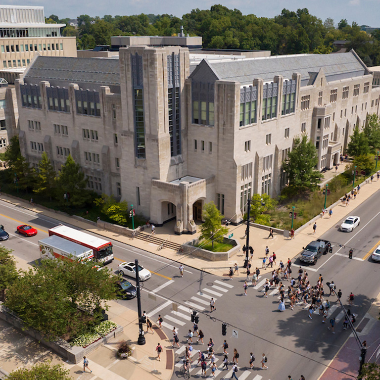 Students attend Kelley School of Business at Hodge Hall in Bloomington, Indiana.