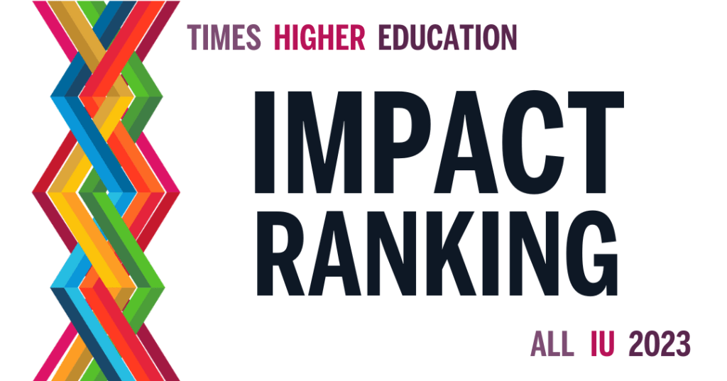 A colorful braid on a white background with the text Times Higher Education Impact Ranking all iu 2023