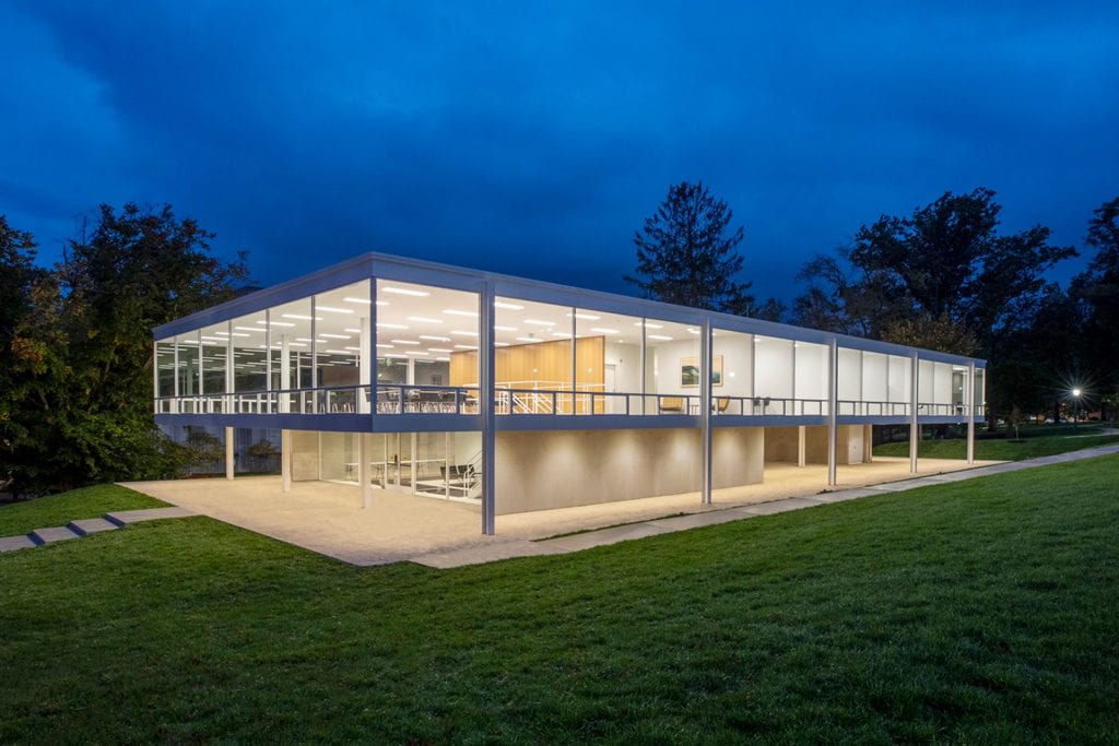 Eskenazi School of Art, Architecture + Design Mies van der Rohe building on the IU Bloomington campus at night