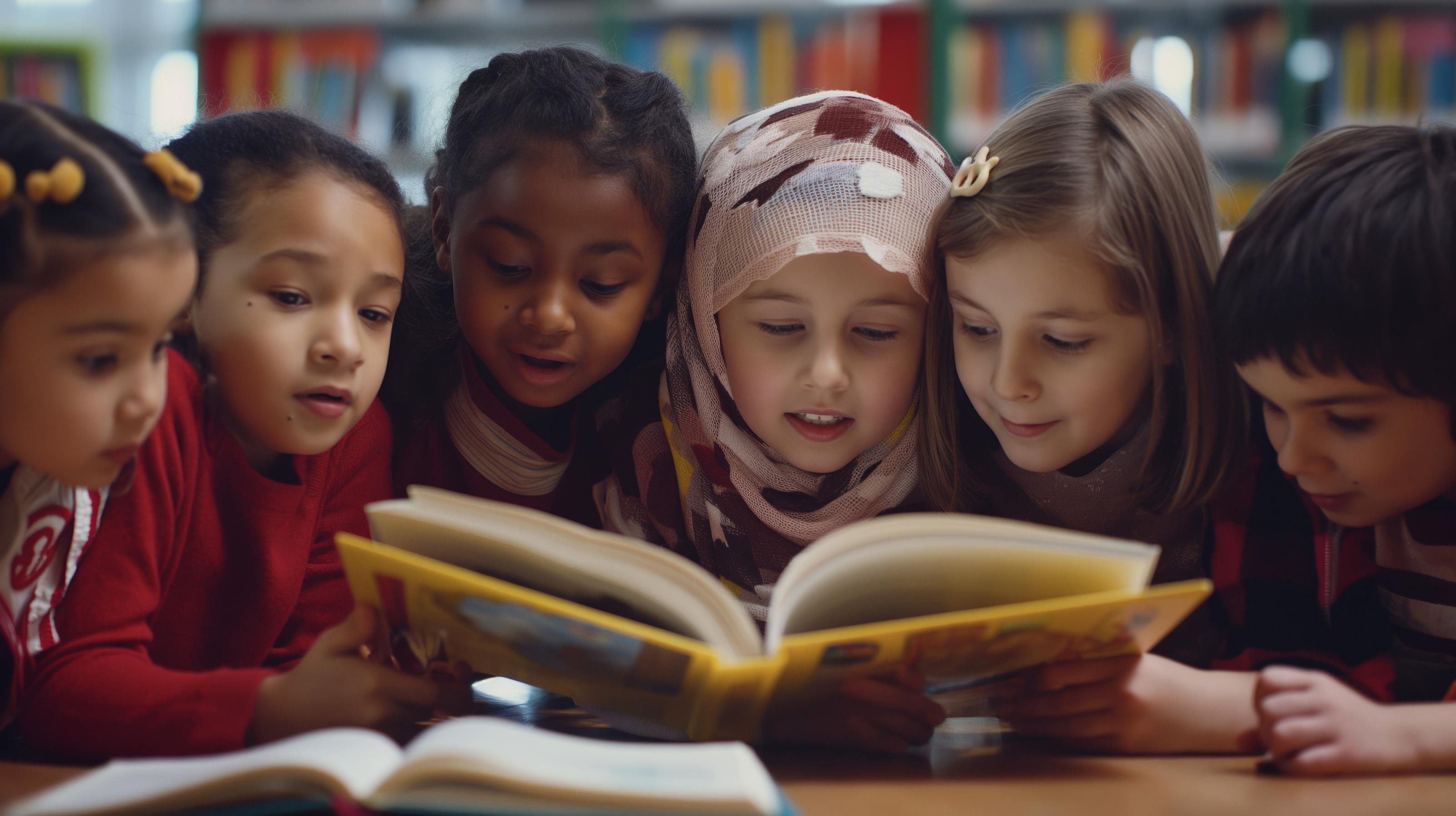 A diverse group of children excitedly reading a book together in a library. Celebrating literacy and learning, children from different ba...
