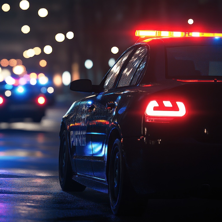 police cars with flashing lights in an emergency scene, at night -ar 16:9 -v 6.1 Job ID: e3758814-52c2-4ab0-a276-e98cdb31bb18
