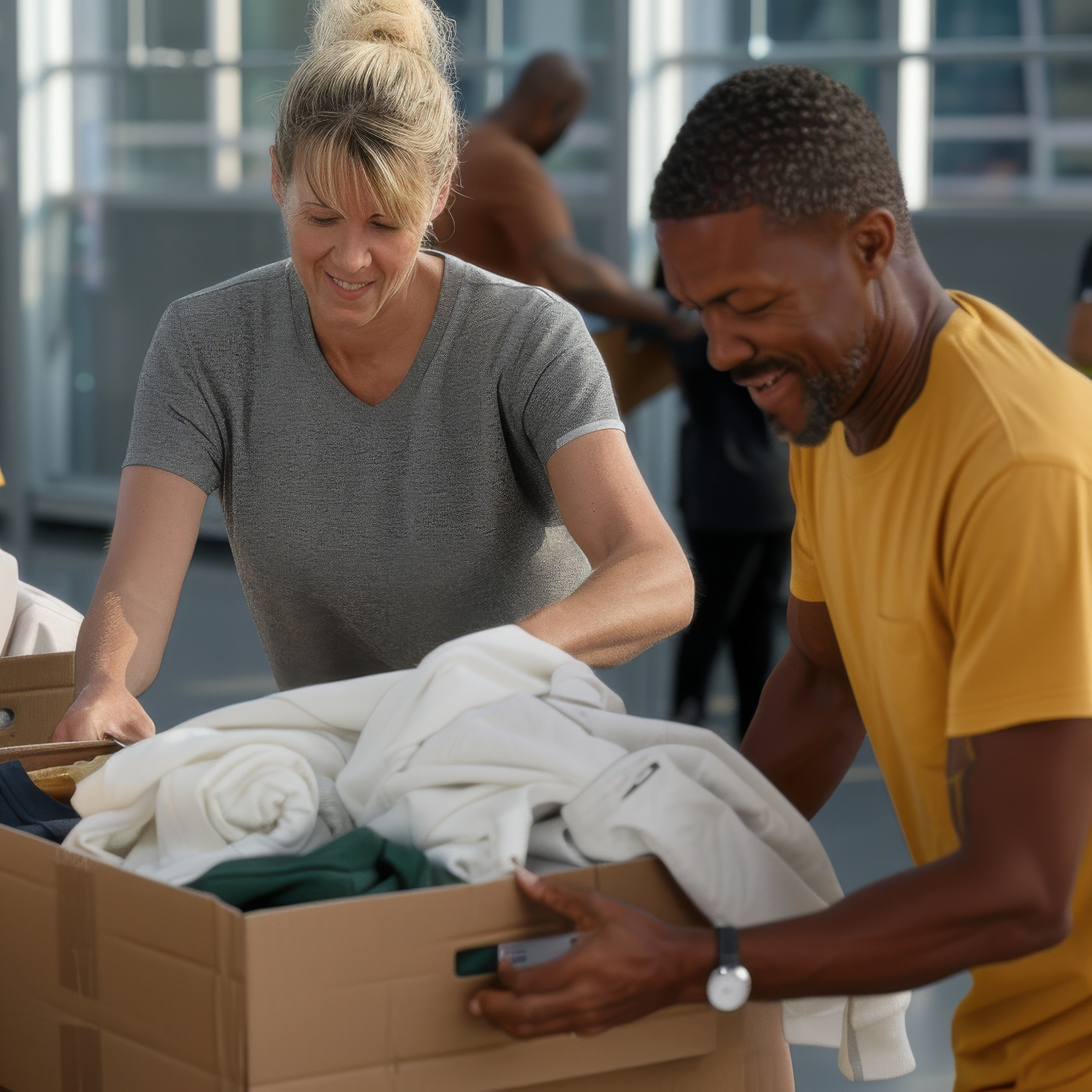Volunteers sorting clothing donations in boxes at a community center, working together with smiles and dedication to help those in need.