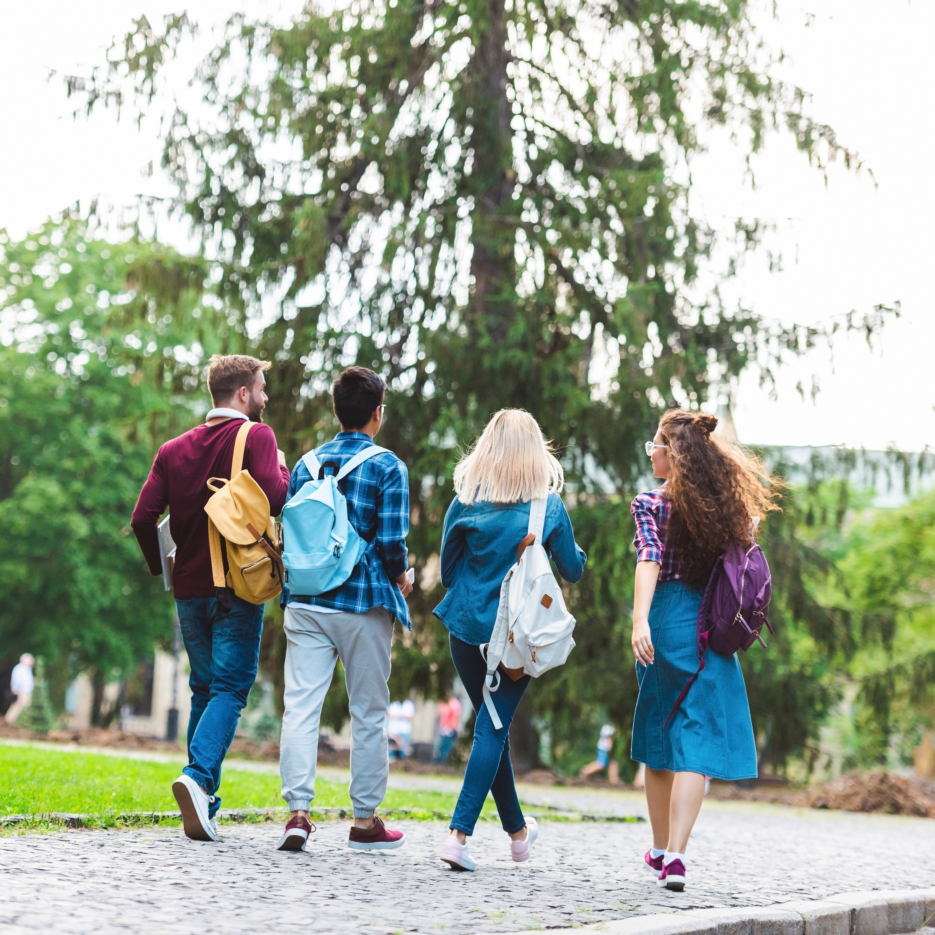 back view of students with backpacks walking on street