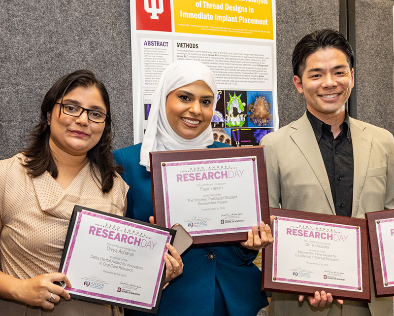 Drs. Divya Acharya, Fajer Hasan, and Yu Kubota pose with their awards.