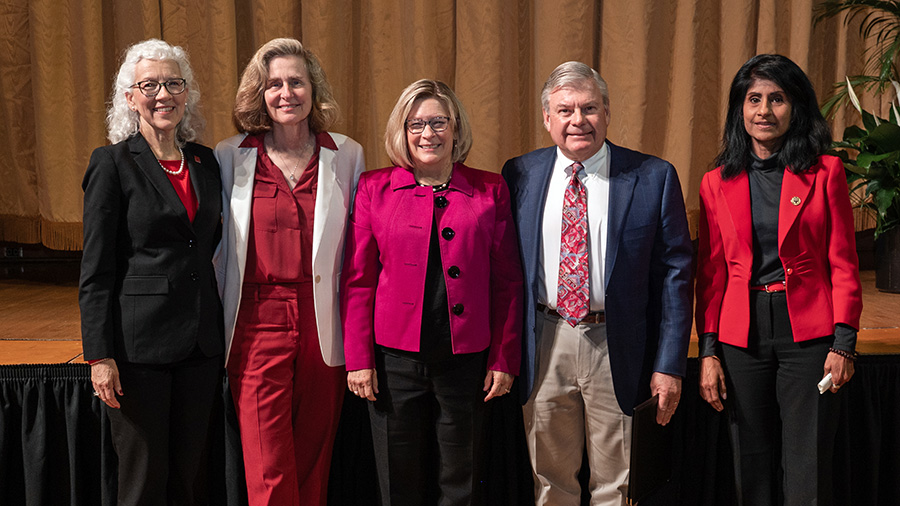 Dean Murdoch-Kinch, President Whitten, Sara and Dr. Ty Campbell, and Chancellor Ramchand.