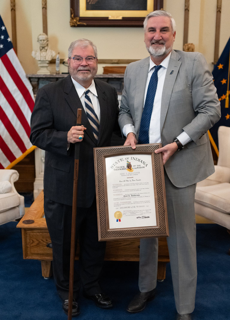 Fairbanks School of Public Health Founding Dean Paul Halverson, left, and Indiana Gov. Eric Holcomb.